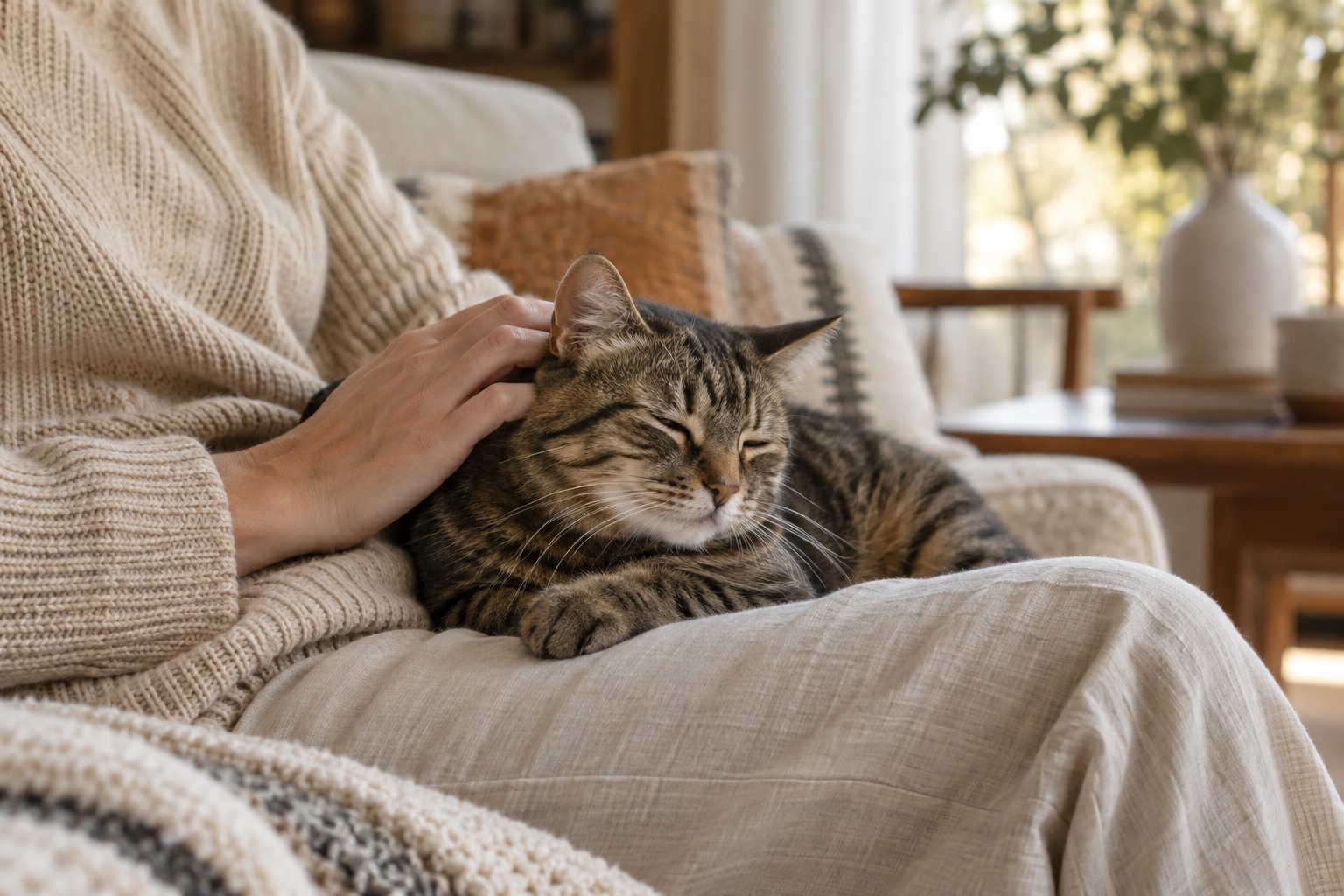 Un chat profite d’un moment de tendresse sur les genoux de son propriétaire